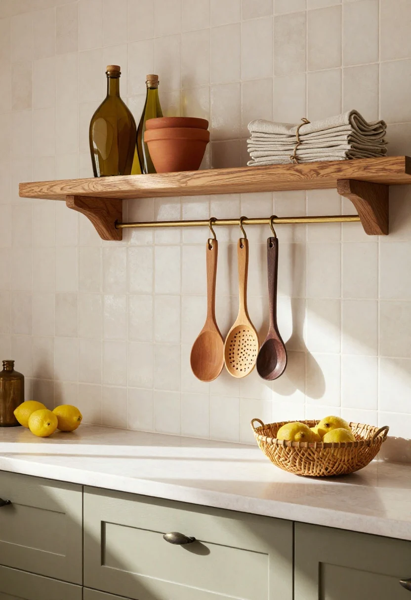 Medium shot, Warm Mediterranean: handmade off-white zellige tile backsplash with subtle variation; floating live-edge oak shelf; muted olive lower cabinets; terracotta pots on the windowsill; shelf styled with olive oil decanters, sandy neutral crockery, and a stack of linen napkins tied with twine; brass hooks under the shelf holding wood spoons and a woven strainer; aged brass hardware and a lemon bowl on the counter; sunlit textures with warm, natural daylight, slight corner perspective.