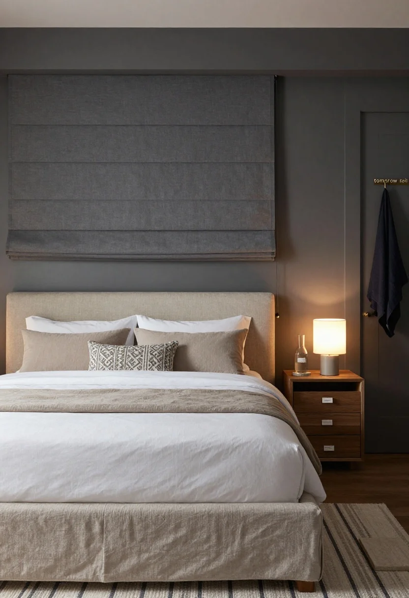 Medium, straight-on bedroom view emphasizing calm textures: graphite gray walls with warm undertone, oak bed with oatmeal linen upholstered headboard; strict bedding palette—white percale sheets, taupe quilt, and one patterned accent pillow; small three-drawer nightstands used as tactile nightstands with labeled drawer inserts (sleep mask, chargers, meds) slightly open; ceramic lamps with dimmers casting warm 2700K light; a soft-edge water carafe on a stone coaster; wool-blend low-pile rug with subtle stripe grounding the bed; blackout Roman shades in flax with hidden wand; a discreet brass “tomorrow rail” hook behind the door holding a next-day outfit; serene, evening mood.