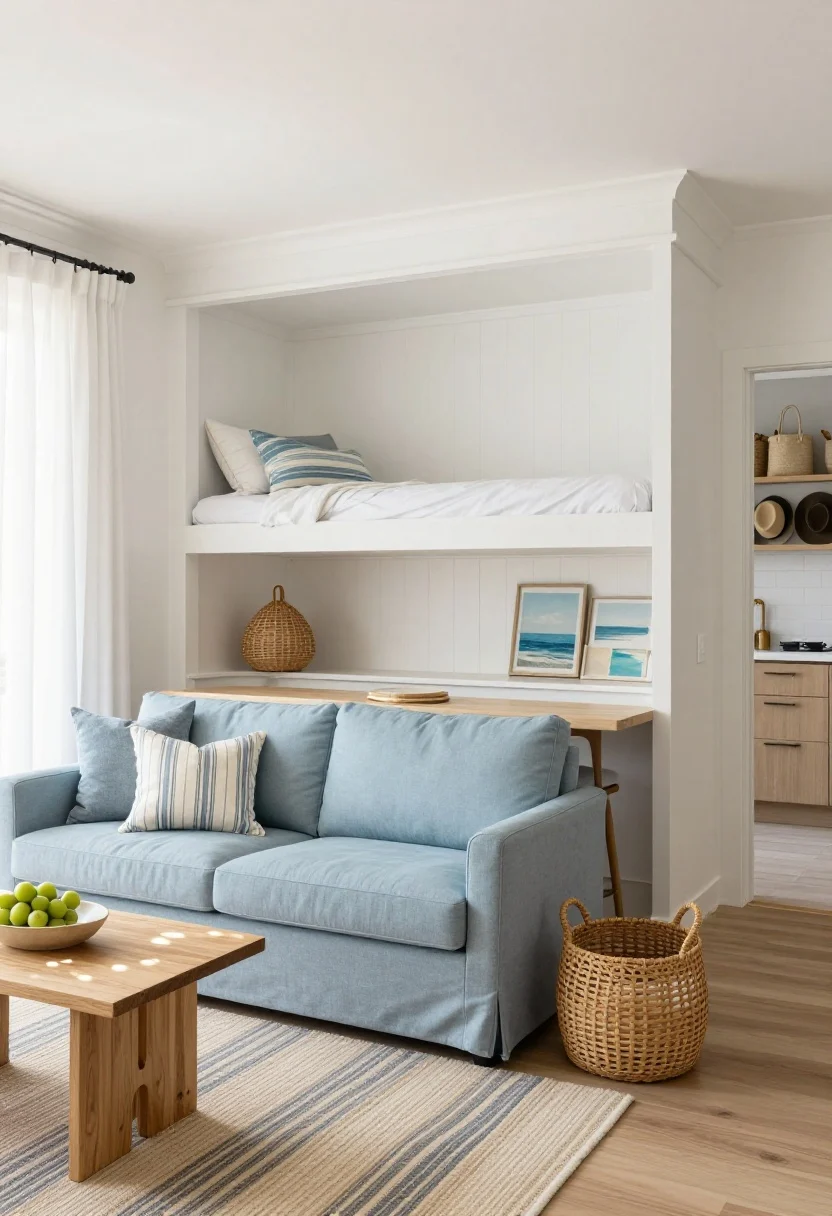 Medium, straight-on Coastal Foldaway Haven with the Murphy bed folded up: soft white beadboard-faced unit with built-in shelving framing breezy living space; striped flat-weave rug grounding a slipcovered loveseat in sea blue; drop-leaf table against wall with two café chairs slid in tight; rattan pendant overhead casting warm patterned shadows; sheer white curtains with hidden thermal liners grazing floor; decor cues include coastal art prints, woven baskets, blue-and-ivory striped pillow mix; kitchen glimpse with light counters and brushed nickel hardware; peg rail near entry corralling totes and hats; palette white, fog gray, sea blue, rattan tan; bright, beachy, photorealistic.