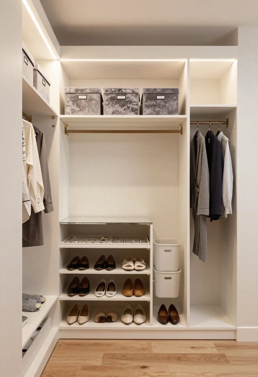 Medium, straight-on view into a boutique-style bedroom closet: LED-lit hanging rails casting a soft glow on garments; angled shoe shelves with toe stops; slim velvet storage boxes with label windows along the top shelf in graphite; a felt-lined jewelry pull-out under a mirrored valet shelf; a slender divided laundry tower with labeled hampers for lights, darks, delicates; finishes in warm white with champagne hardware and a hint of cedar planks; gentle, even illumination.