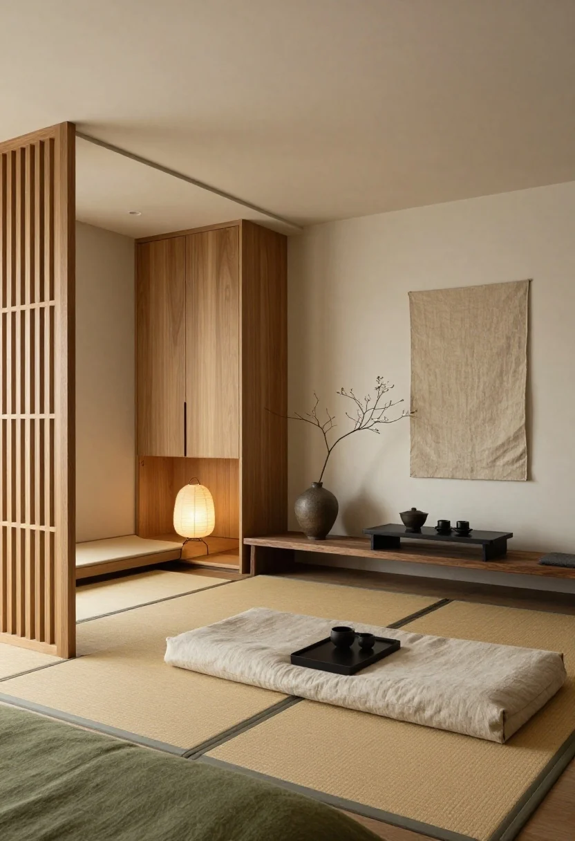 Medium, straight-on view of a Japandi Serenity Studio living-sleeping zone: central tatami-style rug defining space, low walnut platform that doubles as meditation perch, beige-linen futon folded as seating by day; a narrow slatted wood room divider a few inches from the bed foot subtly separating without blocking light; hidden storage elements visible as forms—lift-top bench near entry and a slender armoire with sliding doors; textures of linen, soft tatami weave, ceramic, paper, and blackened steel accents; paper floor lamps casting warm diffuse light; a single branch in a tall ceramic vase, a linen wall hanging, and a tea set on a tray table; color palette sand, warm walnut, charcoal accents, moss green; calm, intentional, minimal.