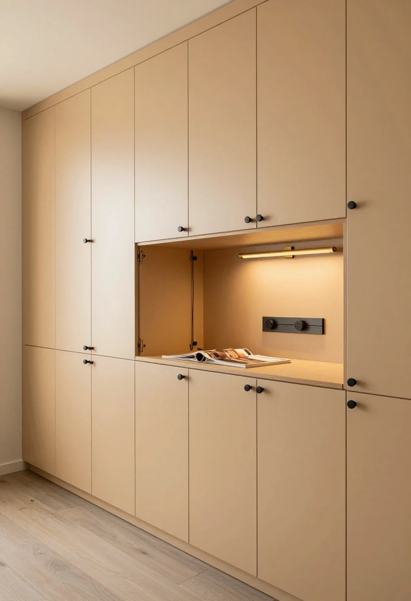Medium/wide shot, home office: a 72–96 inch wide wall of shallow 12–15 inch deep tall cabinets painted the same warm wall color with slab doors and matte black pulls, reading as a seamless backdrop. One section at 28–30 inches height features a fold-down work hub with a piano hinge and stays, open to reveal a tidy surface, magazine files, labeled boxes, and an interior power strip with vertical cable management passing through to a main desk. A plug-in brass picture light or sconce above the fold-down zone provides focused task lighting; overall mood is quiet and organized; slight corner perspective.