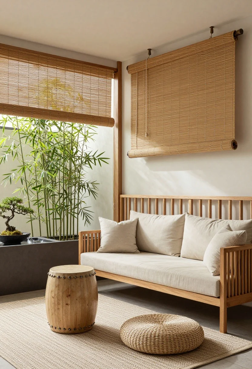 Medium-wide shot, Japandi Calm balcony in soft afternoon light: freestanding wood-lattice screens anchored in planter bases create a floating wall; a bamboo roll-up shade hangs on a tension rod in front for adjustable coverage; low-profile slatted acacia loveseat with ecru cushions, ceramic drum table, and a woven floor cushion on a neutral flatweave rug with a subtle diamond pattern; slim trough planters with clumping bamboo behind lattice for added height; tabletop fountain provides gentle water sound and a tiny bonsai adds sculptural focus; palette soft ecru, honey wood, charcoal accents; photographed from a slight corner angle, clean lines, photorealistic.