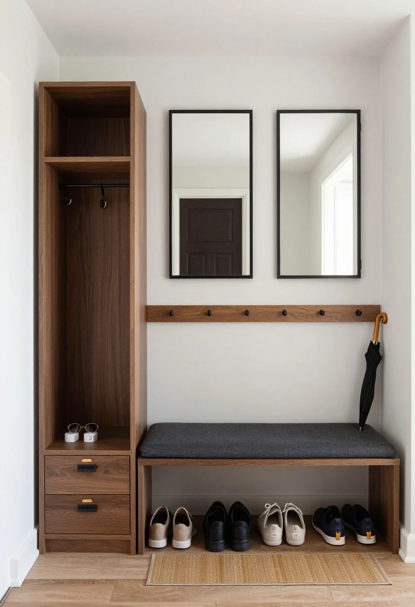 Micro mudroom-meets-living room, straight-on, medium shot of the entry zone: a slim vertical coat tower (25–30 cm deep) with interior hooks and shelves, next to a closed storage bench swallowing shoes and gym gear, topped with a charcoal performance-fabric cushion. Above, three peel-and-stick mirror panels flanked by wooden peg rails with black metal pegs; a shallow drawer console on one side for sunglasses and lint rollers, a narrow umbrella stand on the other. Symmetrical, calm layout with walnut, charcoal, warm white, muted mustard accents; leather loop pulls, matte doorstop, labeled shoe tins on the bench, washable runner on the floor. Bright, even daylight for clarity, photorealistic.