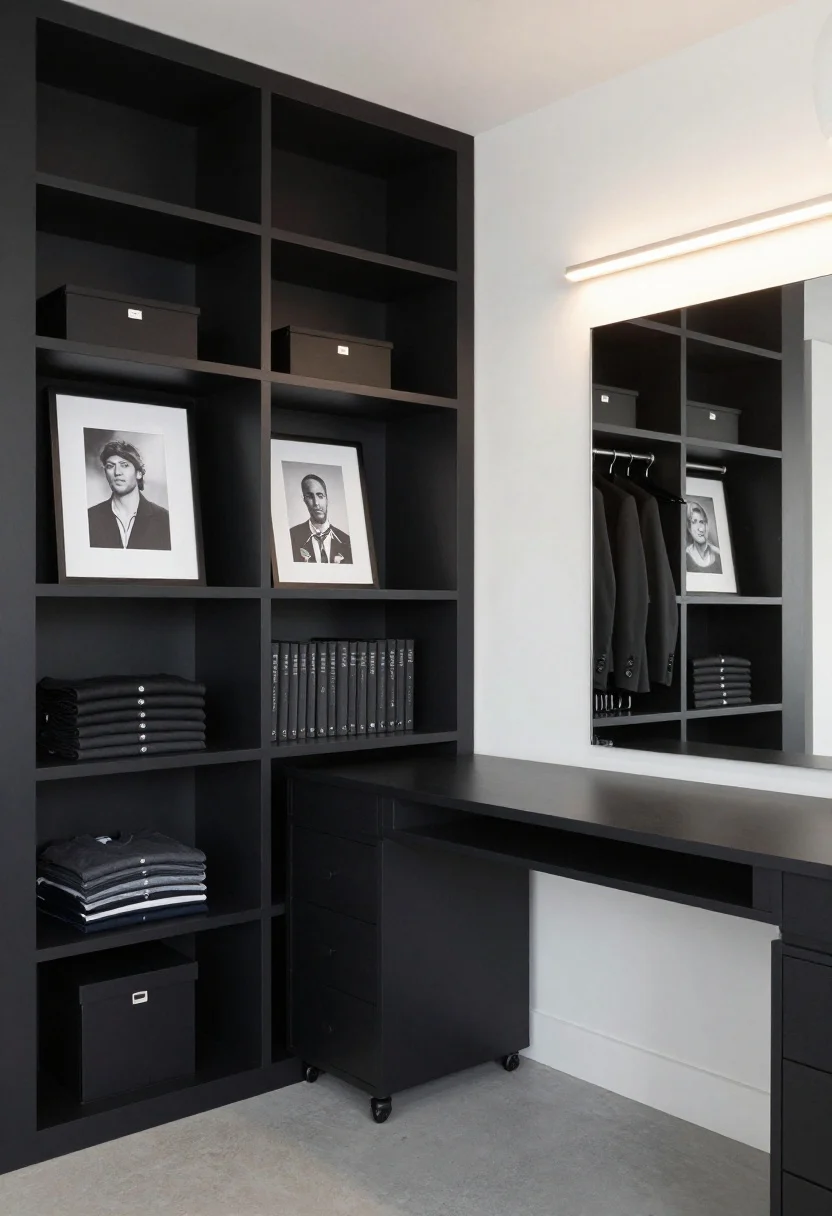 Minimal monochrome interior, detail-focused medium shot of a storage wall and desk: floating matte-black gallery shelves (no visible brackets) styled with framed black-and-white prints in front, while behind bookends sit labeled document boxes and folded tees in neat stacks. Opposite, a long trestle desk with two rolling drawer units tucked beneath and a clip-on under-desk rod holding button-downs and blazers on matching black hangers; a leaning full-length mirror nearby reflecting light. Palette of charcoal, optic white, soft graphite; linear LED picture light casting crisp illumination, paper lantern pendant glow diffused. Ultra-clean, boutique feel, photorealistic.