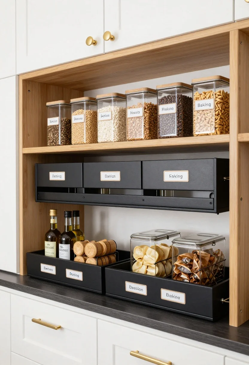 Overhead, decanted pantry detail: bamboo bins on full-extension pull-out shelves labeled for grains, snacks, and baking; a row of clear, square airtight canisters neatly lined on an upper shelf; a matte black spice tier drawer below with labels facing up; slim over-door wire rack securing broths and wraps; a corner lazy susan displaying oils and vinegars; palette of soft white cabinets with brass pulls, natural bamboo, and a grounding charcoal runner; bright, clean kitchen lighting.