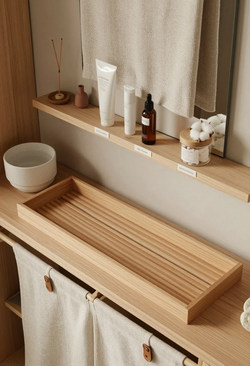 Overhead detail shot: Japandi warmth tableau with slatted wood and soft neutrals. Narrow slatted trays in light oak line an open shelf, skincare arranged by height with labels facing out. Nearby, a bone-colored towel corner and a minimalist stoneware soap dish. In soft focus: an adhesive floating shelf in light oak holding incense, a tiny vase, and cotton rounds in a lidded jar; foldable fabric drawers with leather pulls peeking from under the sink; a soft-edged removable mirror overlay rounding harsh lines. Neutral ribbed shower curtain texture visible at frame edge. Gentle natural light, calm, restrained palette showcasing wood grain and subtle curves.