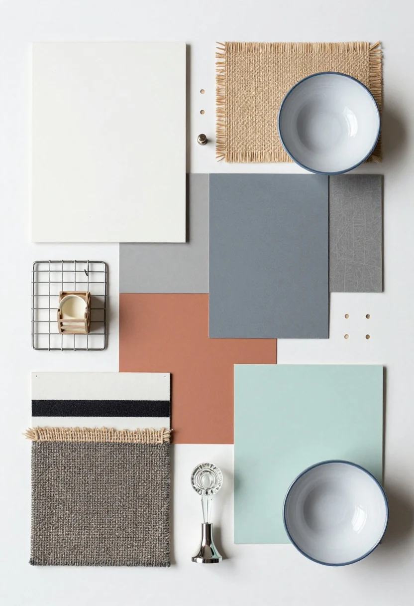 Overhead detail shot, minimalist styling essentials summary: textures and materials from the article arranged on a small surface—swatch cards of warm white, matte greige, cool gray, pale seafoam, teal, terracotta, and soft white with a black stripe sample; snippets of jute, flatweave, charcoal rug fiber, rattan weave, and patterned textile; small props including a mini wire grid with S-hook, peg rail peg, tiny milk crate, fluted glass lamp finial, blue-and-white bowl fragment, and a chrome lamp detail; clean, shadowed natural light emphasizing textures; no people, photorealistic.