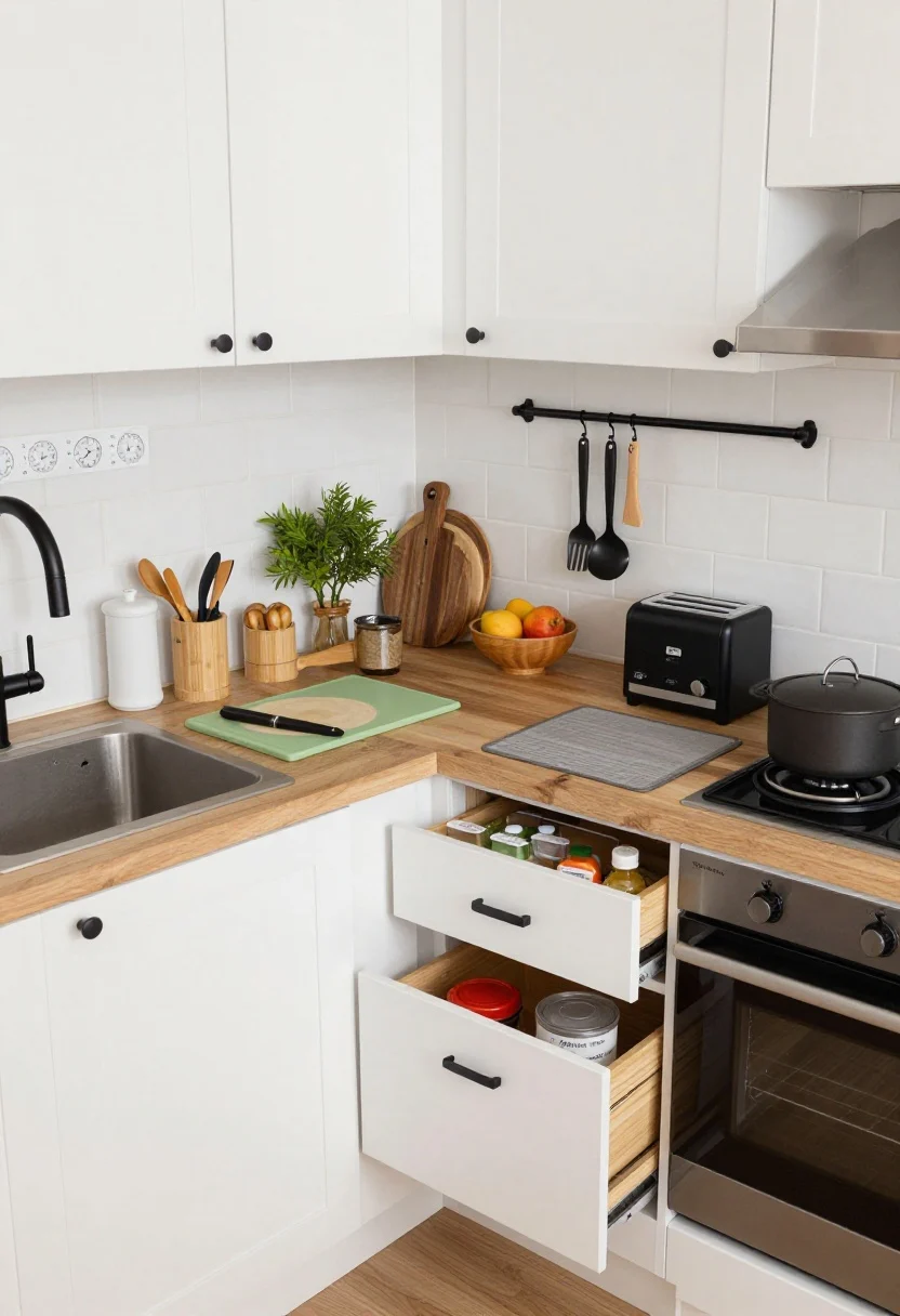 Overhead detail shot of a single-task kitchen station layout: soft white cabinetry, warm butcher block counters, matte black hardware, and simple white tile backsplash; clearly separated zones—green cutting boards and produce tools to the left of the sink, wood bread boards by the toaster, heat-safe mat by the stove with a pot set down; floating shelves above each zone holding only the exact tools for that task; open fridge door in frame edge showing clear bins labeled Lunch, Snacks, Leftovers with today’s items front row; slim bamboo drawer dividers visible in a slightly open drawer, one category per slot; minimal counter decor—one plant, one utensil crock, one fruit bowl; magnetic timer strip under cabinet with multiple timers set; bright natural daylight, photorealistic.