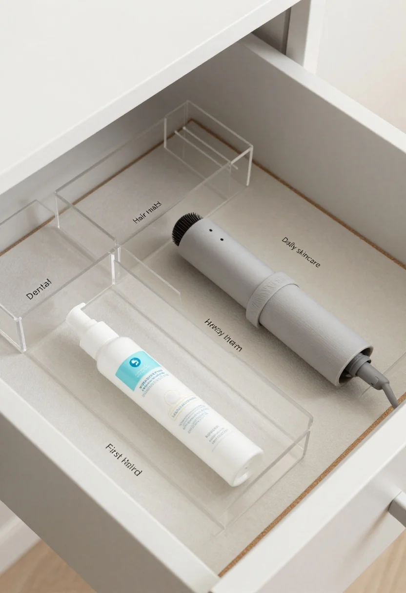 Overhead detail shot of an open vanity drawer with a precise grid of modular acrylic and bamboo organizers on a nonslip liner (felt or cork texture visible at edges). Clearly labeled zones: dental, daily skincare, hair tools, first aid. A heat tool rests in a silicone, heat-safe sleeve on the right side with a silicone cable tie securing the cord. Items placed by frequency: morning items in front, weekly treatments toward the back. Clean, neutral palette (white, sand, pale gray), with mixed textures reducing visual and physical clatter.