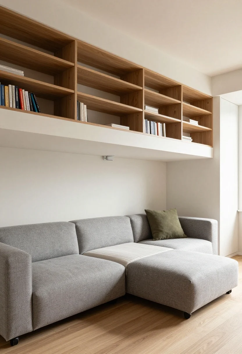 Overhead detail shot of the Smart Modular Micro-Loft zone rugs: trio arrangement showing a durable flat-weave under the modular storage sofa, a runner defining the “hall,” and a plush 4x6 anchoring the daybed with deep drawers; glimpses of graphite, warm white, olive, and light oak tones; adjustable rolling table wheels visible near sofa edge; rail system with sliding panels above daybed partially visible from above, hinting at hidden TV/books/bins; slim 12-inch-deep wall cabinets along opposite wall; soft, even lighting with dimmable smart bulb warmth; organized, multifunctional, photorealistic.
