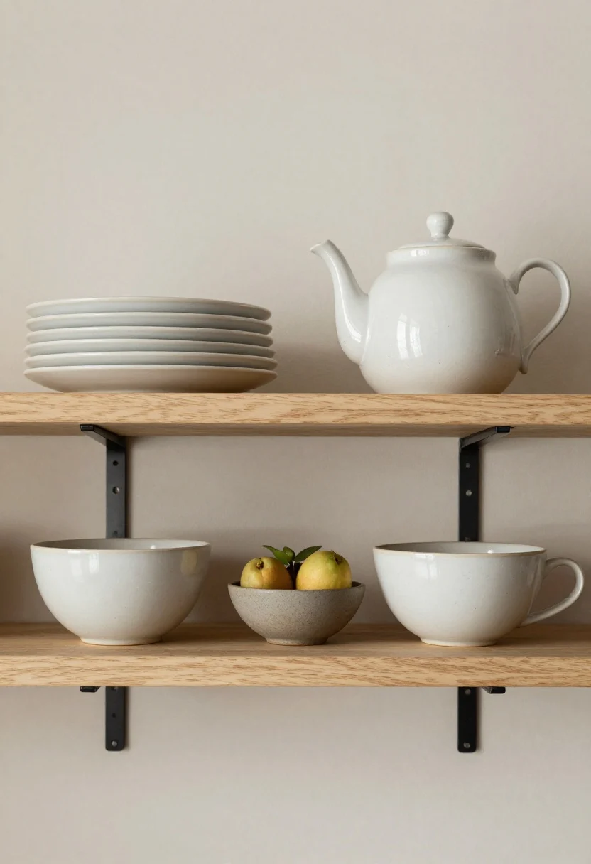 Overhead detail shot, Quick Styling Formula: a styled shelf seen from above featuring the formula—1 large anchor (stacked plates), 2 medium accents (a teapot and a pair of mugs), 1 organic element (small potted plant or fruit bowl), and 1 utility detail (a slim rail with hooks beneath, partially visible); cohesive neutral palette with subtle contrasts; textures of ceramic, wood, and metal clearly rendered; crisp, photorealistic overhead composition emphasizing balance and edit-friendly curation.
