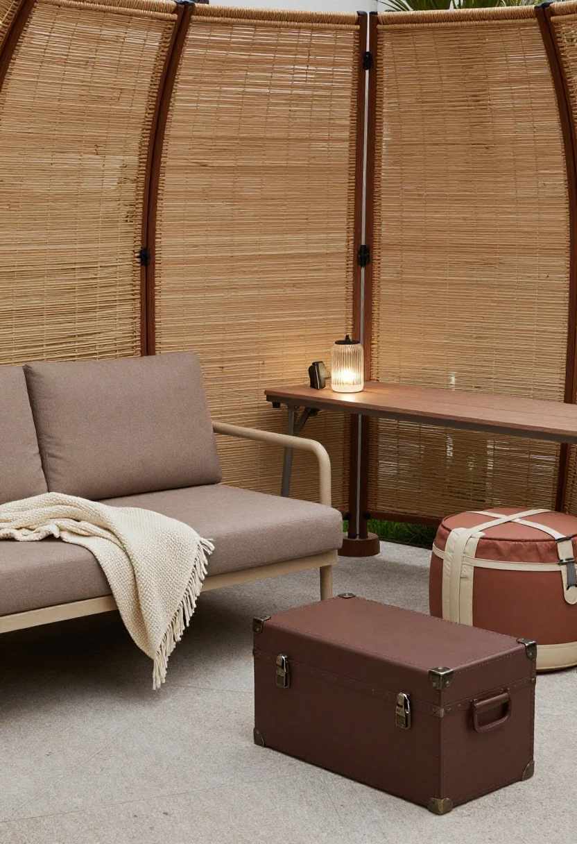 Overhead detail-to-medium hybrid shot, Compact Lounge setup in soft evening light: a folding outdoor room divider with woven resin slats angled slightly along the open side, weighted at the feet by heavy planter bases; a slim armless loveseat in taupe paired with a channel-tufted floor cushion; a strap-style ottoman tucked neatly under a narrow balcony bar table with non-invasive clamp-on brackets attached to the rail; ribbed glass solar sconces on adhesive mounts glow gently; a textured boucle throw draped on the loveseat; a compact storage trunk doubles as a coffee table; palette taupe, espresso, clay, soft cream; space-saving, cozy, photorealistic.