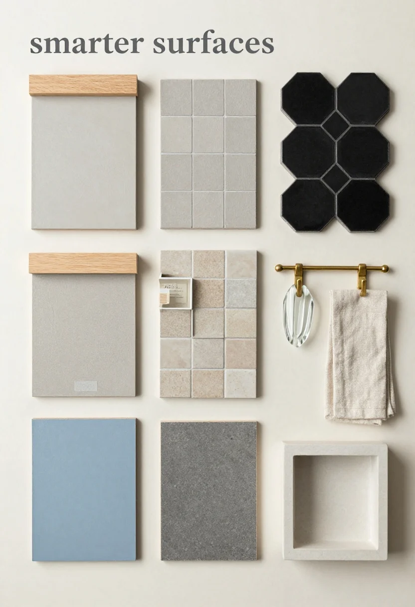 Overhead detail vignette for Conclusion: a styled flat-lay on a creamy surface representing “smarter surfaces” theme—miniature samples and organizers from multiple styles arranged cohesively. Include swatches of pale greige plaster, black hex tile, soft sky-blue paint chip, sand-toned porcelain tile; small props: a tiny sliding wood slat sample over a tile to imply a niche cover, a slim tower divider tray with labeled compartments, a brass rail hook with a folded linen, a fluted glass shard, a woven basket label clip, and a miniature recessed ledge mockup. Neutral, balanced lighting, no people, photorealistic, conveying options for a clutter-free bathroom.