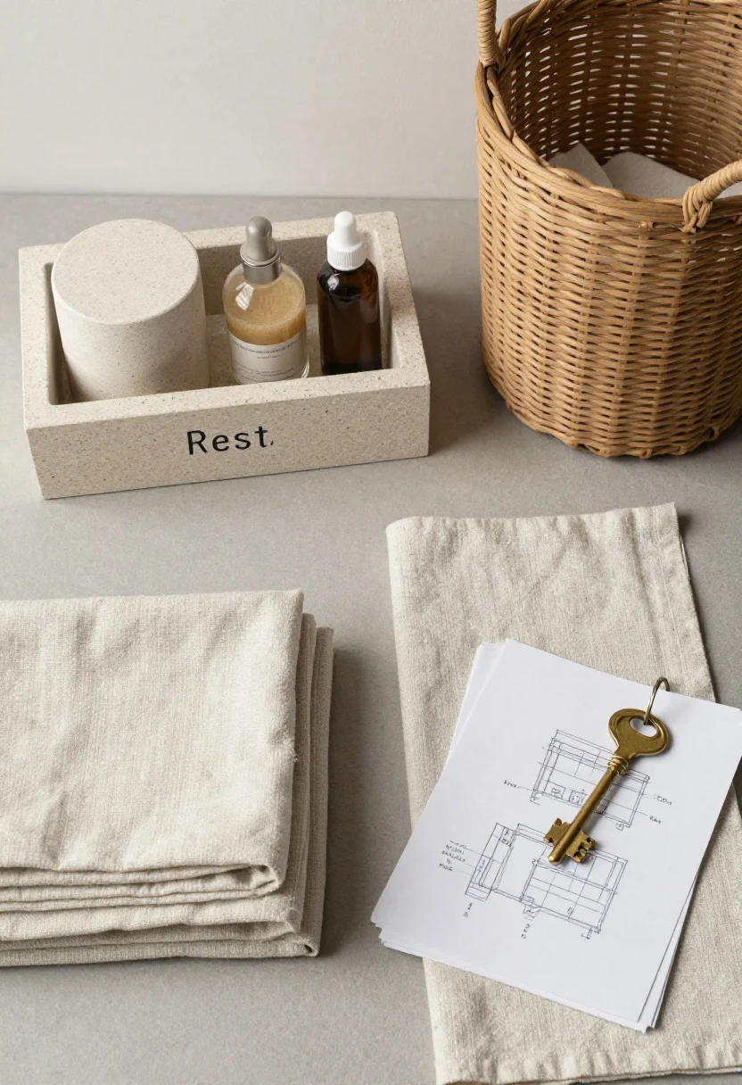 Overhead flat-lay detail: A tidy cleaning reset scene that symbolizes the article’s conclusion—styled surfaces featuring a stone tray with neatly arranged essentials, a labeled basket for linens, folded linen runner, a small stack of design sketches, and a simple brass key on a hook. Neutral, harmonious palette with textures of oak, linen, stone, and brushed metal. Emphasis on order and intentional styling, gentle natural light, photorealistic.