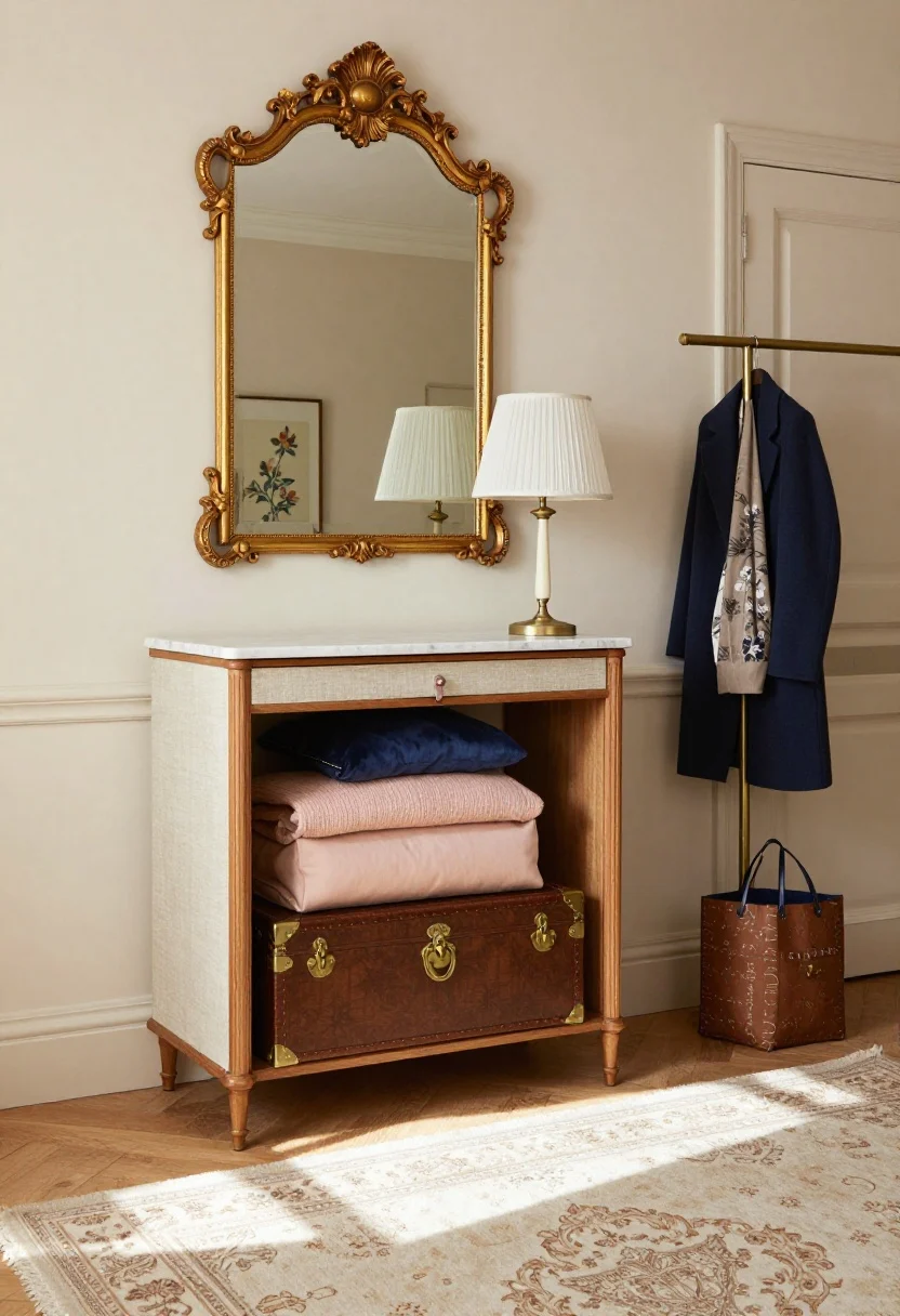 Parisian-inspired salon, medium straight-on shot: creamy walls, vintage rug underfoot, antique-look gilt mirror above a marble-topped console that hides soft storage boxes beneath. A lightweight linen armoire with wooden frame, zipped closed, subtly elevated on invisible risers with shallow under-bed bins peeking beneath. Coffee table area swapped for a stacked steamer-trunk duo—larger trunk for sweaters, smaller for accessories—with lift-assist hinge detail visible. A slim bistro rail by the door with a coat and market tote. Palette of cream, blush, inky blue, antique brass; finishes like pleated lampshades, velvet throw pillows, floral art prints. Soft Parisian daylight with gentle shadows, photorealistic.