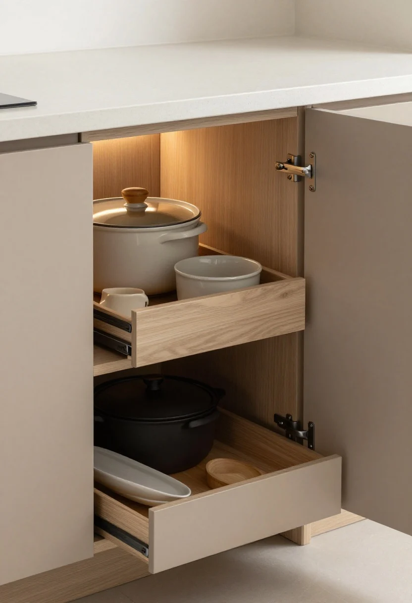 Photorealistic closeup/detail shot of a Japandi corner solution: whisper-soft taupe flat-front cabinet door open to reveal a two-tier LeMans-style pull-out corner carousel neatly holding heavy cookware; beige-cream microcement countertop edge visible, pale ash wood accents nearby; ultra-thin black hardware, hidden toe-kick drawer slightly ajar showing baking sheets and cutting boards; soft under-cabinet LED strips washing a calm backsplash glow; textures of microcement, ash wood grain, and matte porcelain dishes, serene minimal palette.