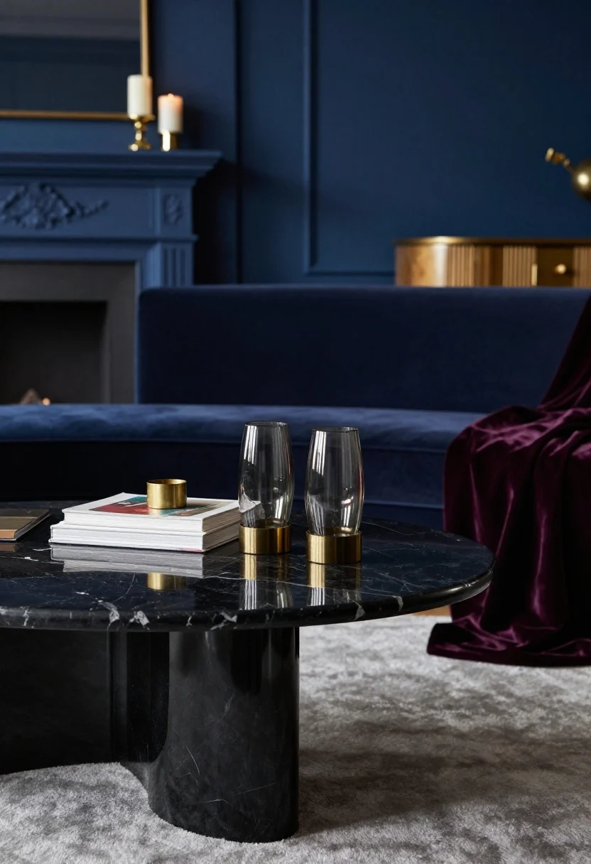 Photorealistic closeup detail shot of a Moody Boutique Apartment vignette: a black marble coffee table on a silky low-pile rug, with soft, dimmed lighting reflecting from smoked glass table lamps. In the blurred background, an ink-blue accent wall and a deep forest velvet sofa edge; antique brass accents glint subtly. On the table: a pair of candles in a faux fireplace mantle beyond, and a small stack of art books with a brass object atop. Include a hint of velvet drapes pooling to the floor and a glimpse of a fluted sideboard with warm antique brass hardware. Palette: inky blue, forest, oxblood, black, antique brass. Luxe, dramatic, hotel-like ambiance.