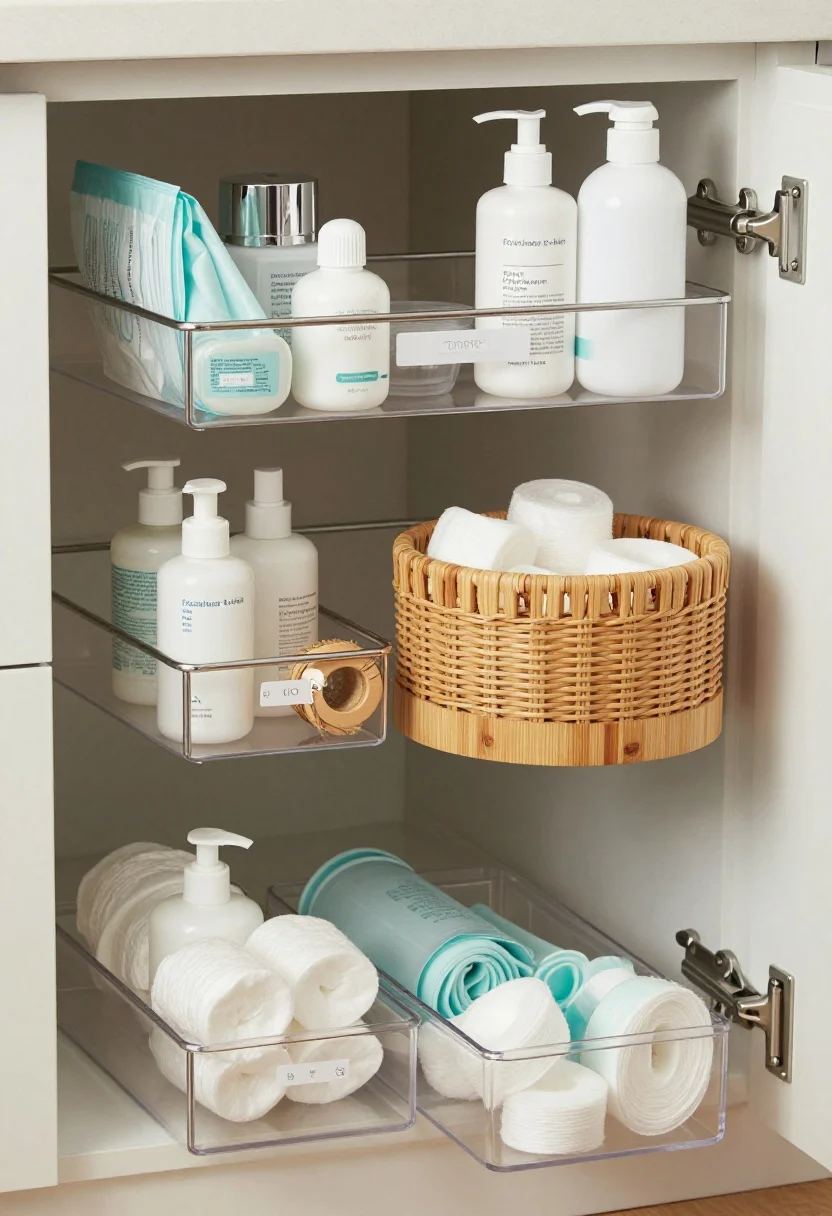 Photorealistic closeup overhead detail shot for conclusion emphasis: an arrangement of varied under-sink organizers displayed cohesively on a neutral backdrop—pull-out metal caddy, U-shaped shelf, tiered riser, woven basket, bamboo turntable, stackable clear bins—each loaded with neatly arranged bathroom items (skincare, cotton rounds, hair tools). Labels clean and minimal, textures and finishes highlighted (bamboo grain, powder-coated steel, clear acrylic). Soft, even studio lighting to showcase materials; mood communicates intentional, clutter-free elegance applicable to any bathroom style.