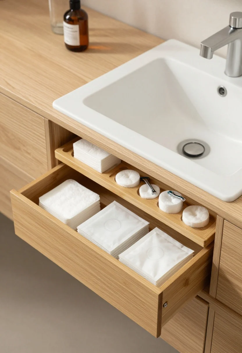 Photorealistic detail closeup from an overhead angle of a Japandi minimal under-sink setup: inside a light oak floating vanity beneath a matte white vessel sink. All-bamboo organizers for cohesion—a low, wide bamboo drawer box with lid holding backup skincare, a narrow two-tier bamboo riser stacking cotton pads, razors, and sheet masks, and a shallow bamboo tray neatly corralling refill pouches. Hushed palette of oak, ivory, and soft charcoal; soft, indirect daylight; amber pump bottles visible above in soft focus to reinforce decanted minimalism; sculptural, calm mood.