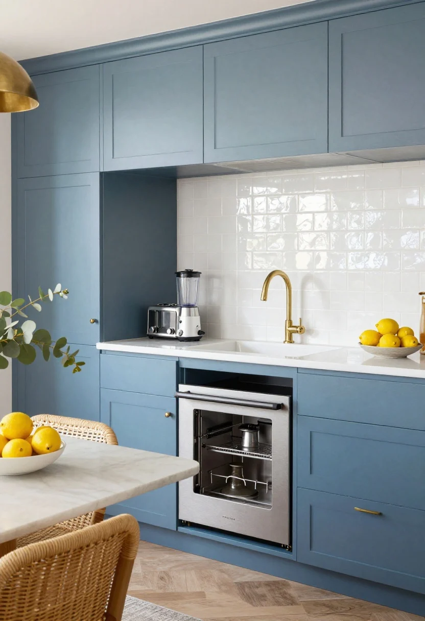 Photorealistic detail/medium shot focusing on a hidden appliance garage in a coastal kitchen: muted coastal blue lower cabinets, warm white uppers, a counter-depth lift-up tambour-door appliance garage open to reveal plugged-in toaster, blender, and coffee setup with interior outlets; white hand-glazed zellige tile backsplash catching light, brass gooseneck faucet, a bowl of bright lemons and a sprig of eucalyptus on the counter; woven rattan counter stools partially visible, brass dome pendants warming the scene; bright, breezy, beachy mood with reflective tile texture.