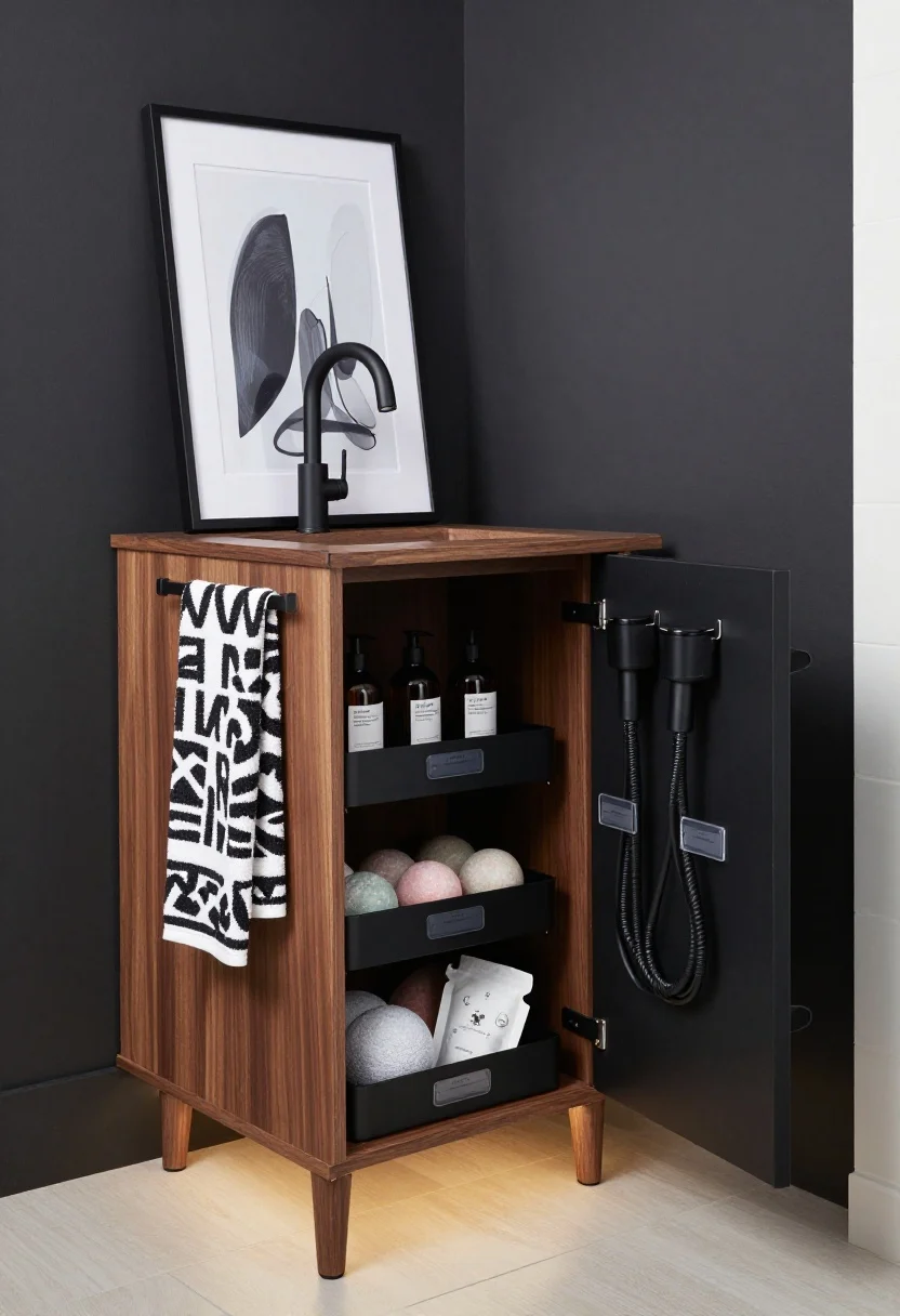 Photorealistic medium corner-angle shot of a high-contrast art house bathroom: charcoal wall, fluted walnut vanity, framed abstract print leaning on the backsplash, matte black faucet, bold patterned hand towel. Under-sink area styled with black powder-coated steel organizers: a slide-out mesh drawer displaying bath bombs and masks, a U-shaped riser holding tall bottles, and two magnetic cable holsters on the inner door securing dryer and curler cords; clear label tabs for a crisp graphic look. Soft LED puck lights under the sink create a dramatic, gallery-like glow; palette of charcoal, walnut, black with crisp white.