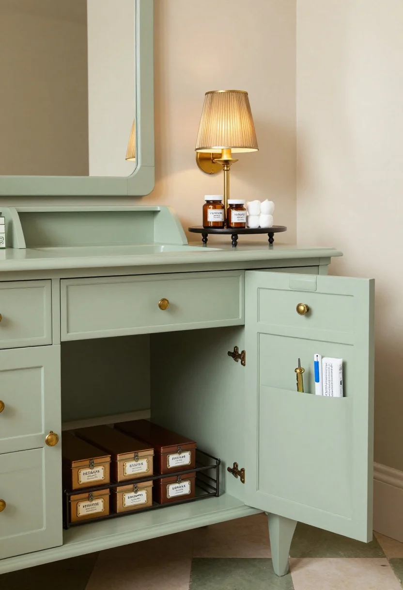 Photorealistic medium shot capturing a vintage apothecary vanity scene: painted sage-green vanity with antique brass knobs, cream-and-moss checkerboard floor, pill-shaped mirror, and a single pleated sconce casting warm light. Under-sink doors open to reveal a wire under-sink shelf stacking hinged-lid boxes labeled with embossed metal tags for medicine, nail tools, and first aid; a lazy Susan turntable topped with labeled amber jars of cotton balls and bath salts; a clip-on door pocket holding stain remover pens and lint rollers. Color story of sage, cream, and antique brass; nostalgic, character-rich mood.