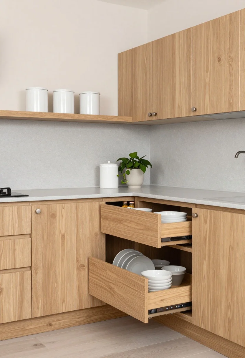Photorealistic medium shot from a corner angle of a Scandinavian kitchen: light oak flat-panel cabinets with an all-drawer base only (no doors), deep full-extension drawers open to show peg organizers neatly holding plates and bowls, spices in tiered inserts; pale gray quartz counters, white oak floors, open shelves with matte white ceramic canisters and a small trailing pothos plant; brushed nickel pulls, slim-profile faucet, and a soft airy mood with diffuse daylight; palette of honeyed oak, cloud-gray counters, matte white dishes.
