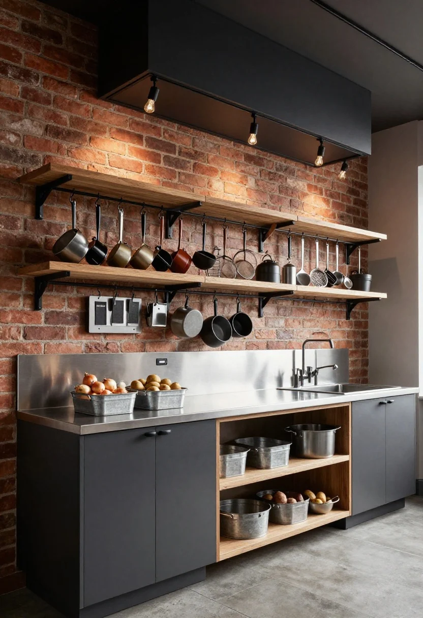 Photorealistic medium shot looking up slightly to emphasize ceiling-mounted storage in an urban industrial kitchen: exposed brick wall backdrop, charcoal lower cabinets, raw-edge wood shelves, stainless steel worktop; heavy-duty ceiling-mounted pot rails with S-hooks densely hanging pots, pans, sieves, and ladles; galvanized bins for onions and potatoes on the counter, a magnetic knife strip on brick; concrete-look tile floor and a matte black range hood; Edison bulbs on a track system casting sculptural shadows; gritty-cool palette of brick red, charcoal, stainless, and warm wood.