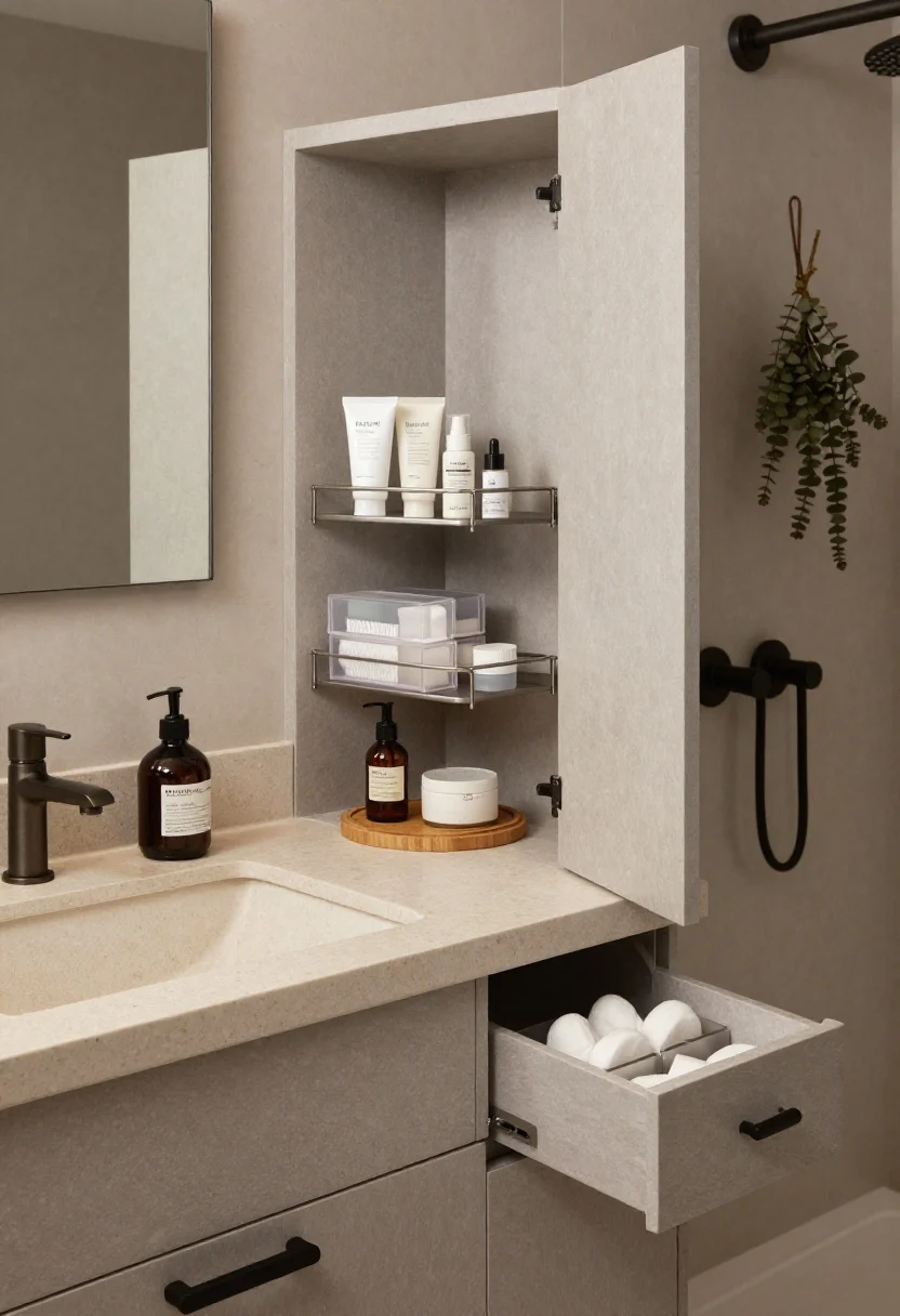 Photorealistic medium shot of a modern spa-serene bathroom vanity: stone-gray vanity with matte black pulls and a brushed nickel faucet, creamy quartz countertop, greige walls, textured ceramic soap pump, eucalyptus bundle hanging on the shower handle in the background. Cabinet door open to reveal a two-tier pull-out metal caddy with soft-close glide holding face wash, serums, and floss; stackable clear bins with backup products; a bamboo turntable with hair oils and masks; slim drawer dividers organizing cotton rounds and minis. Soft, diffused morning light for a calm, whisper-quiet luxury mood; warm gray, cream, and black accents.