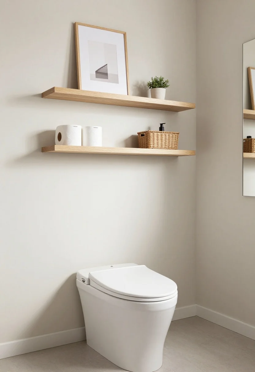 Photorealistic medium shot of the wall space above a modern white toilet in a small, airy bathroom. Two shallow floating shelves (6–8 inches deep) in light wood sit 24–30 inches above the tank with 2 inches clearance for the lid. Lidded white canisters and slim woven baskets are labeled discreetly under the lid lips, holding extra toilet paper, skincare backstock, and guest items. The top shelf has a single small plant and a minimal framed print, with 40–50% negative space. Shelves are anchored into a pale sand wall; overall palette: white, sand, pale gray. Soft, even daylight; include a slim mirror nearby to visually balance. Avoid deep shelves; show scale that keeps headspace open.