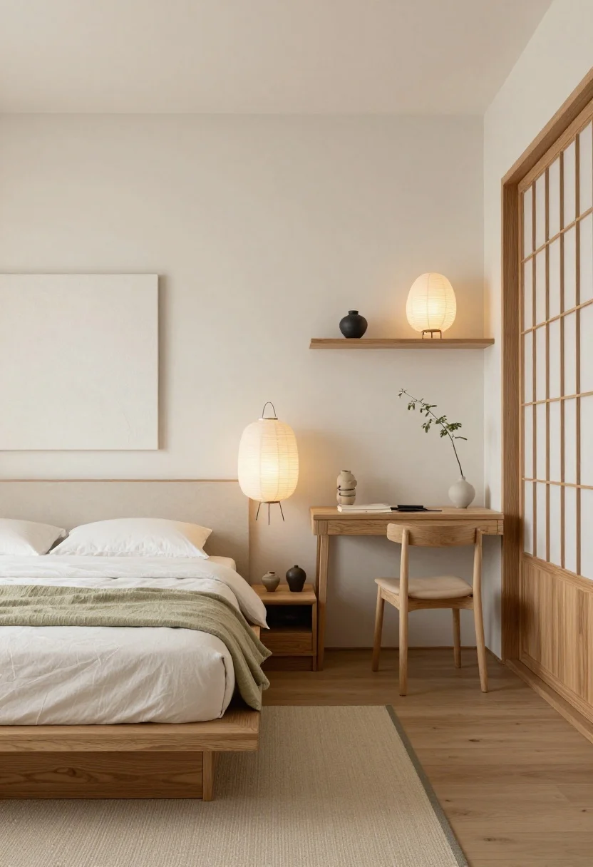 Photorealistic medium shot, straight-on view of a Soft Minimal Japandi Haven bedroom: low honey oak platform bed with natural linen duvet and crisp white sheets; floating oak shelves as nightstands; petite paper lantern sconces casting soft warm light. A shōji-style room divider subtly zoning a compact desk area; leggy oak dresser; neutral tatami-inspired rug underfoot. Accents include unglazed ceramics, a matcha-toned throw folded at the bed’s foot, and a single-stem ikebana vase on a shelf. One large warm-white textured canvas on an otherwise spare wall. Include under-bed drawers barely visible and a cord management box tucked neatly near the desk. Palette: sand, taupe, warm white, ink, soft sage. Serene and uncluttered.