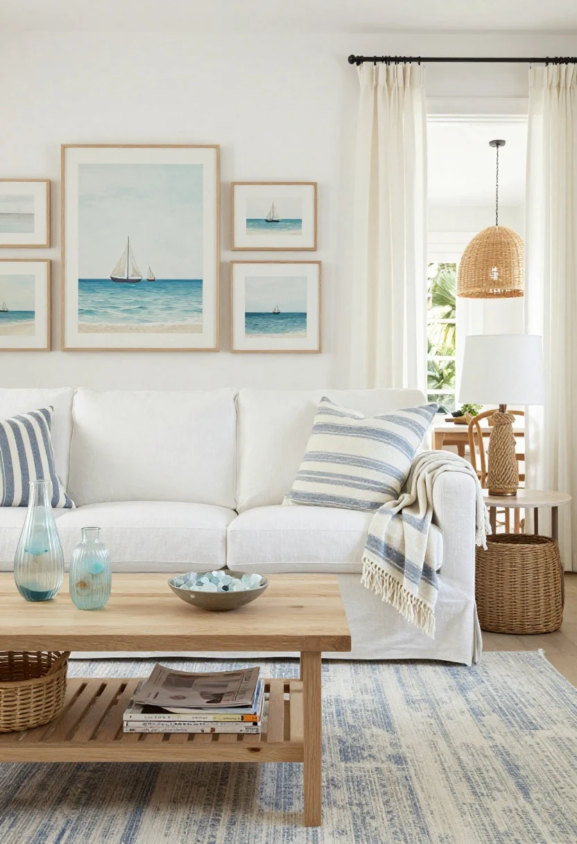 Photorealistic medium shot, straight-on view of a Coastal Calm living area: linen slipcovered sofa in soft white, faded blue-and-cream rug grounding the scene, light oak coffee table with a slatted lower shelf holding baskets and magazines. Breton stripe pillows, gauzy curtains billowing gently at a window, a cotton tassel throw draped over the sofa arm. A rope-wrapped table lamp on a side table and a rattan pendant visible over the dining nook beyond. Decor includes vintage coastal art (sailboats and horizon lines) in slim frames, ribbed glass vases with sea-glass tones, and a small bowl of sea glass on the coffee table. Palette: soft blue, sea glass, sand, driftwood, chalky white. Airy, breezy mood without clichés.