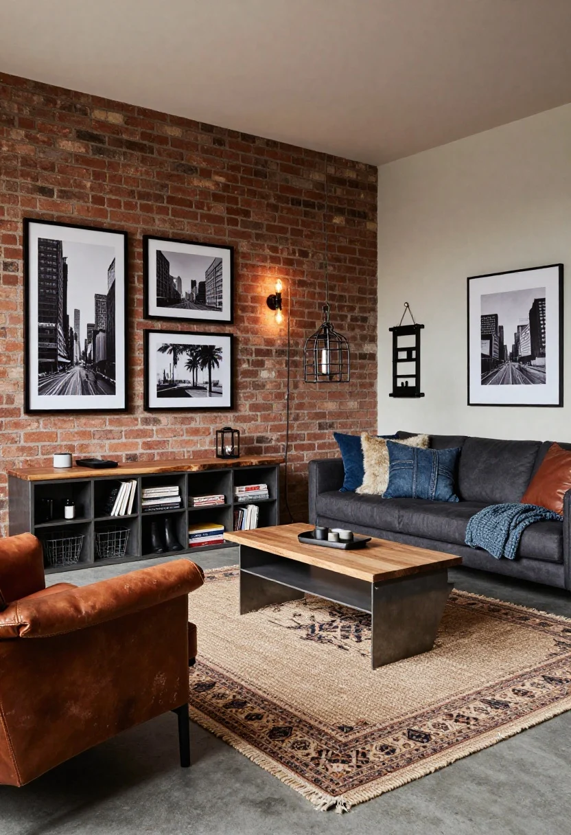 Photorealistic medium-wide corner angle of an Urban Industrial Cozy living room with warm ambient 2700K lighting: exposed brick wall and concrete floor, charcoal sectional paired with a distressed cognac leather chair, thick jute rug layered over a patterned kilim, metal-and-wood coffee table, steel bookcase with open storage, live-edge console. Exposed bulb sconces along the brick, a black metal cage pendant visible toward the dining area. Denim-hued pillows, chunky knit throw, faux shearling cushion on the sofa. Entry zone in frame with wall-mounted coat rack, boot tray, and wire baskets. Above the sofa, a grid of black-and-white city photography in thin black frames. Palette: charcoal, cognac, rust, slate blue, black metal. Cozy, gritty, and warm.
