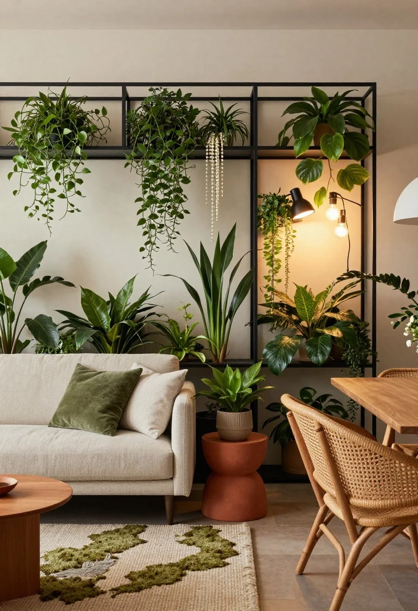 Photorealistic overhead detail shot of a Plant-Lover’s Studio Jungle coffee-table-and-rug zone transitioning to a plant wall: a moss-toned rug beneath a neutral sofa edge; terracotta side table with a textured planter; fiber trays protecting surfaces. In frame, a lightweight matte-black metal shelving unit used as a plant wall: trailing pothos, ZZ plants, and string of pearls cascading at varied heights. Warm ambient light plus full‑spectrum grow bulbs integrated into pretty fixtures; a dual-head task lamp aimed at a cluster of leaves. A rattan accent chair and a foldable drop-leaf dining table partially visible. Palette: olive, moss, terracotta, cream, matte black. Lush, layered biophilic mood.