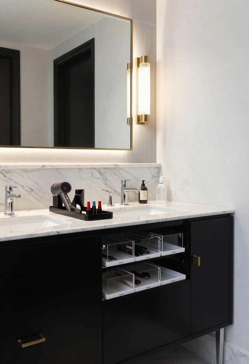 Photorealistic straight-on medium shot of a bold black-and-white hotel-glam vanity: glossy black vanity, marble-look porcelain tile backsplash, thin brass-framed wide mirror, ribbed glass sconces casting a luxe glow. Under-sink cabinet open to showcase modular acrylic drawers with labeled dividers reading Lipsticks, Tools, Dental; a slim pull-out tray holding hairdryer and straightener in a heat-resistant tool caddy; a U-shaped under-sink organizer wrapping neatly around the P-trap; shelves lined with subtle non-slip marble film. Monochrome palette with brass highlights, crisp five-star vibe.