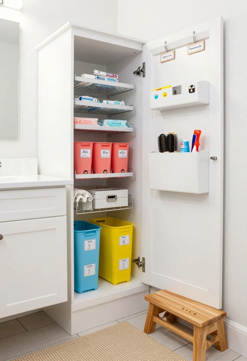Photorealistic wide family-first utility bathroom shot: durable white Shaker vanity, waterproof flat-weave rug, chunky wood step stool, wall hooks with name tags keeping towels off the floor. Under-sink cabinet open showing color-coded pull-out bins on rails—Blue for Dad, Coral for Mom, Yellow for Kids—each with laminated inventory cards inside; a tiered metal rack organizing communal toothpaste, wipes, extra soap; a locking medicine box; door-mounted flip-out bins holding hairbrushes and detangling spray. Bright, happy accents on a white base; cheerful, organized atmosphere with even functional lighting.