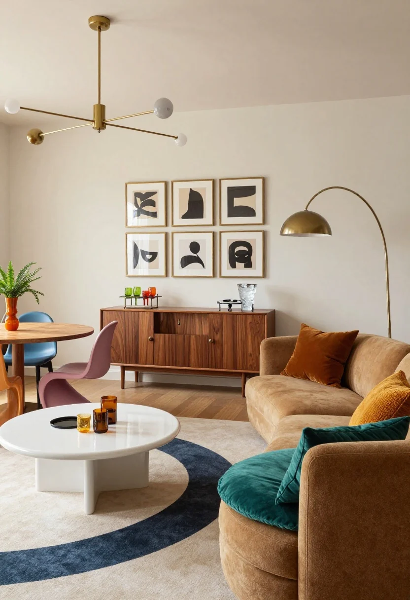 Photorealistic wide living-dining shot from a corner angle capturing a Color-Pop Mid‑Century Mix: warm walnut media console against a neutral wall, camel tweed sofa, pill-shaped white lacquer coffee table, retro arc floor lamp with dome shade. Sputnik-style chandelier overhead (as a focal statement), a graphic rug with curved shapes under the seating. Teal velvet pillows and a marigold boucle cushion on the sofa. Dining area shows a round walnut table with molded plastic chairs in mismatched bright colors. On the wall, a tight gallery grid of abstract prints in slim matte brass frames. Style a small bar cart with colored glassware, a tiny fern, and a sculptural ice bucket. Palette includes walnut, camel, teal, marigold, blush, matte brass. Playful, editorial vibe.