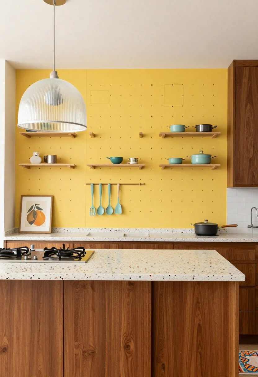 Photorealistic wide shot of a bold mid-century kitchen wall: walnut slab cabinets below, terrazzo counters with multicolored confetti flecks, a sunny mustard stove niche; full-height painted pegboard command wall front and center, outfitted with adjustable dowels, small shelves, labeled outlines, and neatly arranged soft teal utensils and small pans; sputnik-style pendant over the island, ribbed glass inserts on select uppers, a framed vintage fruit print, and a patterned rug tying the palette; bright, playful lighting that highlights color and texture, no people.