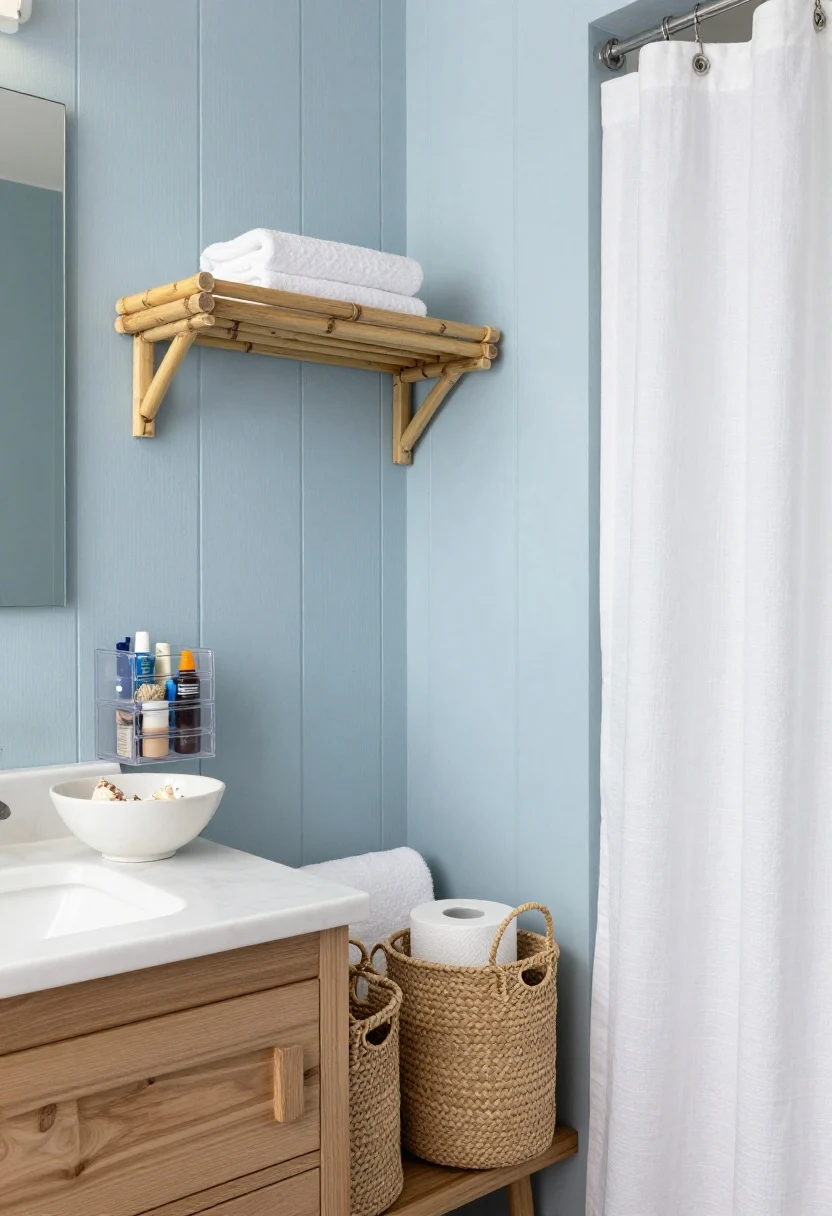 Photorealistic wide shot of a coastal calm bathroom: driftwood-finished vanity, soft blue beadboard walls, crisp white linen shower curtain, a single ceramic bowl with subtle seashells on the counter. Under-sink cabinet open from a corner angle showing a vented bamboo adjustable tiered shelf fitted around plumbing, two woven seagrass baskets with handles holding spare towels and toilet paper lined with moisture-wicking liners, plus a clear low-profile stackable mini drawer set for hair ties, sunscreen, and travel sizes. Color story of sea-glass blue, sandy taupe, and white; bright, airy natural light like a seaside inn.