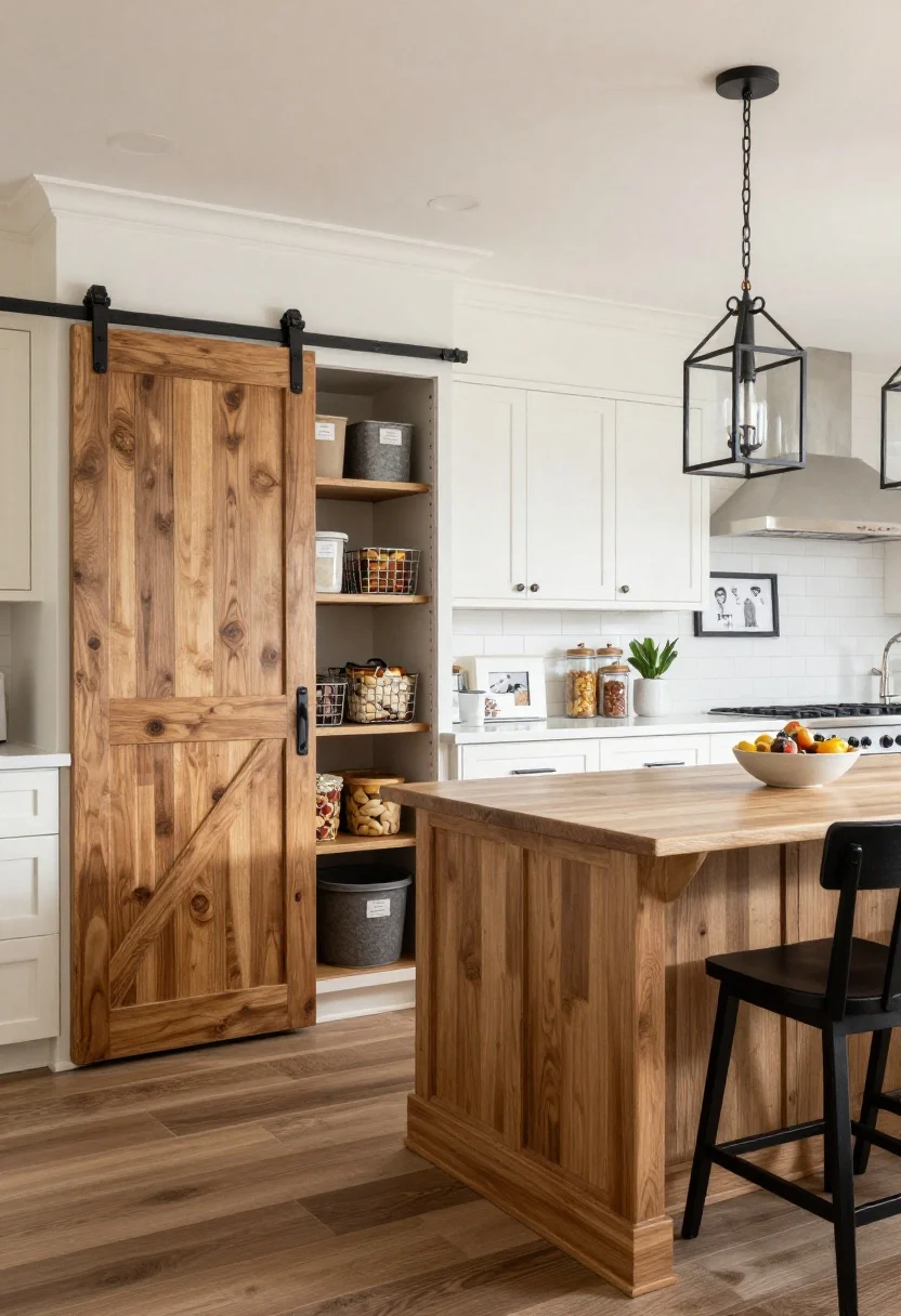 Photorealistic wide shot of a modern farmhouse kitchen: creamy shaker cabinets, a chunky reclaimed wood sliding barn door on black iron hardware revealing a walk-in pantry with labeled bins and wire baskets organized by zones (baking, snacks, breakfast, entertaining); friendly butcher block island with vintage-style stools, matte black hardware throughout; white subway tile wrapping to a coffee nook with glass canisters and a framed family recipe; oversized black lantern pendants overhead; warm, inviting lighting, subtle texture in wood and tile.