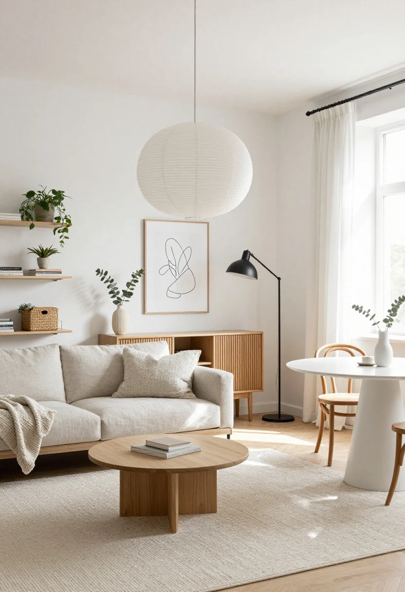 Photorealistic wide shot, straight-on view of a Scandinavian Sunlight Starter living-dining studio bathed in natural daylight: soft white walls, warm light oak low-profile linen-blend sofa, clean-lined media console with slatted doors, flatweave cream rug, round ash coffee table, paper lantern pendant centered overhead, slim matte black floor lamp with a slender arm, oversized minimalist line drawings on the wall, ribbed ceramic vase with eucalyptus stems, wall-mounted shelves holding plants and books with woven baskets tucked under the console. In the adjacent nook, a round white pedestal dining table with bentwood chairs; sheer window dressings; add a nubby throw and a bouclé pillow on the sofa. Color palette: white, oatmeal, pale ash with matte black accents. Soft, bright, calm mood.