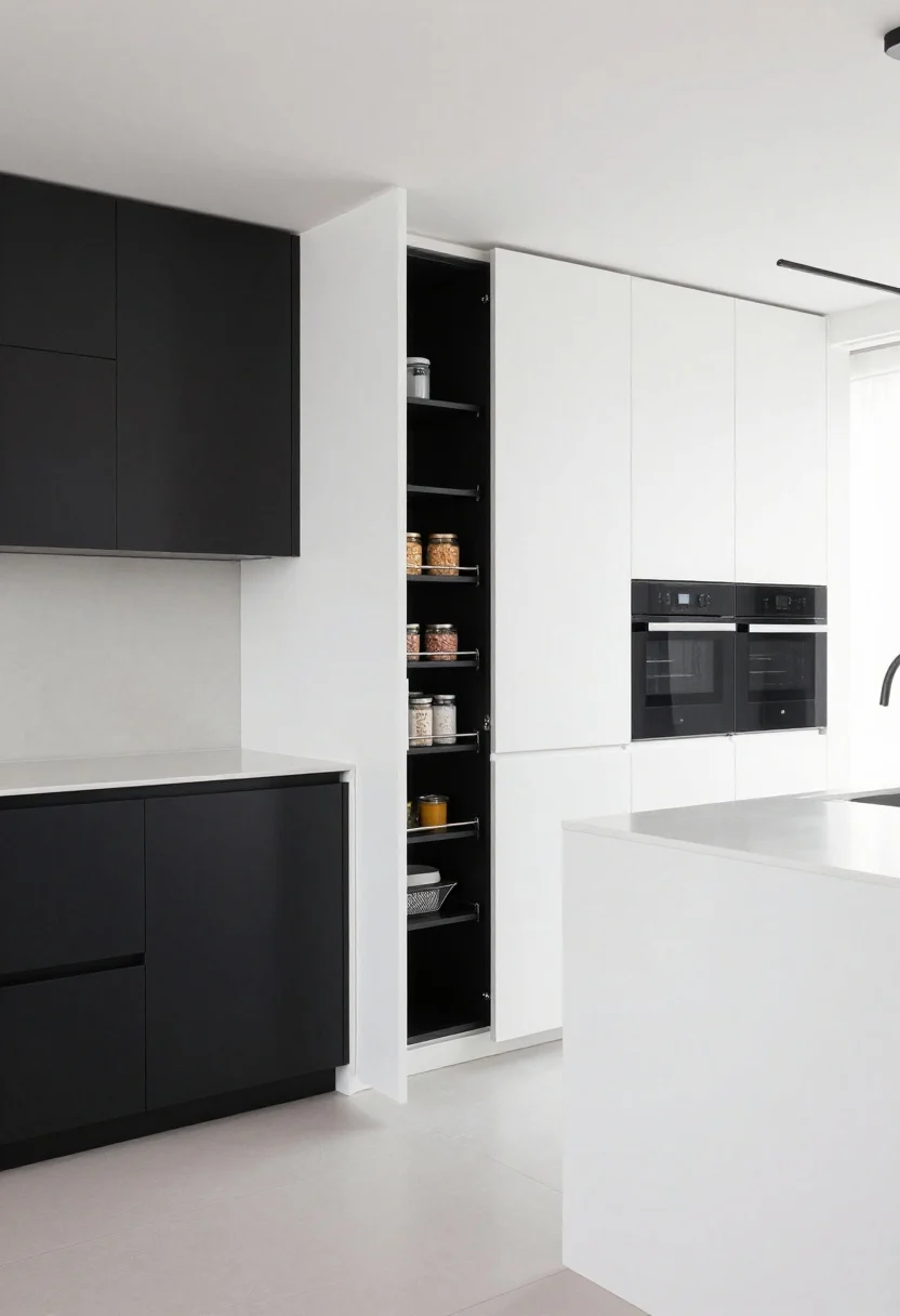 Photorealistic wide, straight-on shot of a sleek minimalist kitchen: matte black flat-panel lower cabinets with hidden finger pulls, bright white walls, and a 12-inch-deep floor-to-ceiling pantry wall of tall pull-out columns with slim larder doors slightly open to reveal organized cereals and baking gear on adjustable rails with soft-close glides; a white quartz waterfall island with integrated handleless drawers, two slimline black pendants above, crisp white counters, and subtle chrome accents; modern, moody, ultra-clean surfaces with spotless counters and architectural pantry presence, even lighting with soft shadows.