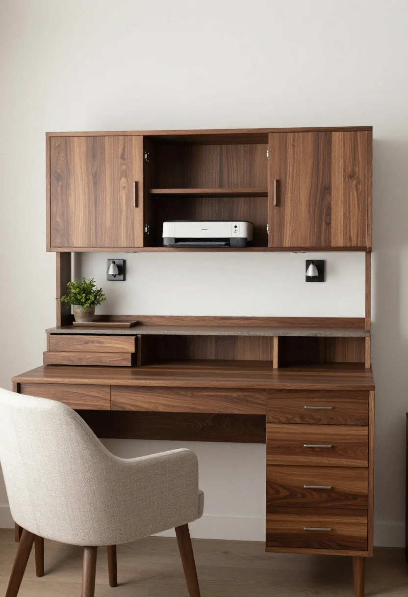Straight-on medium shot of a secretary desk wall that reads like a sideboard: a walnut-veneer drop-front secretary with the work surface at 28–30 inches, interior cubbies subtly visible; flanking closed cabinets 12–15 inches deep on both sides, topped with matching wood or stone-look slabs; one cabinet door slightly ajar revealing a printer on a sliding shelf with a rear cord hole; warm white walls, matte black plug-in sconces with linen shades mounted above the desk for symmetry; a small plant and a tray on the secretary; a compact upholstered dining chair (17–18 inch seat) pulled up; discreet cable management (no visible wires), photorealistic.