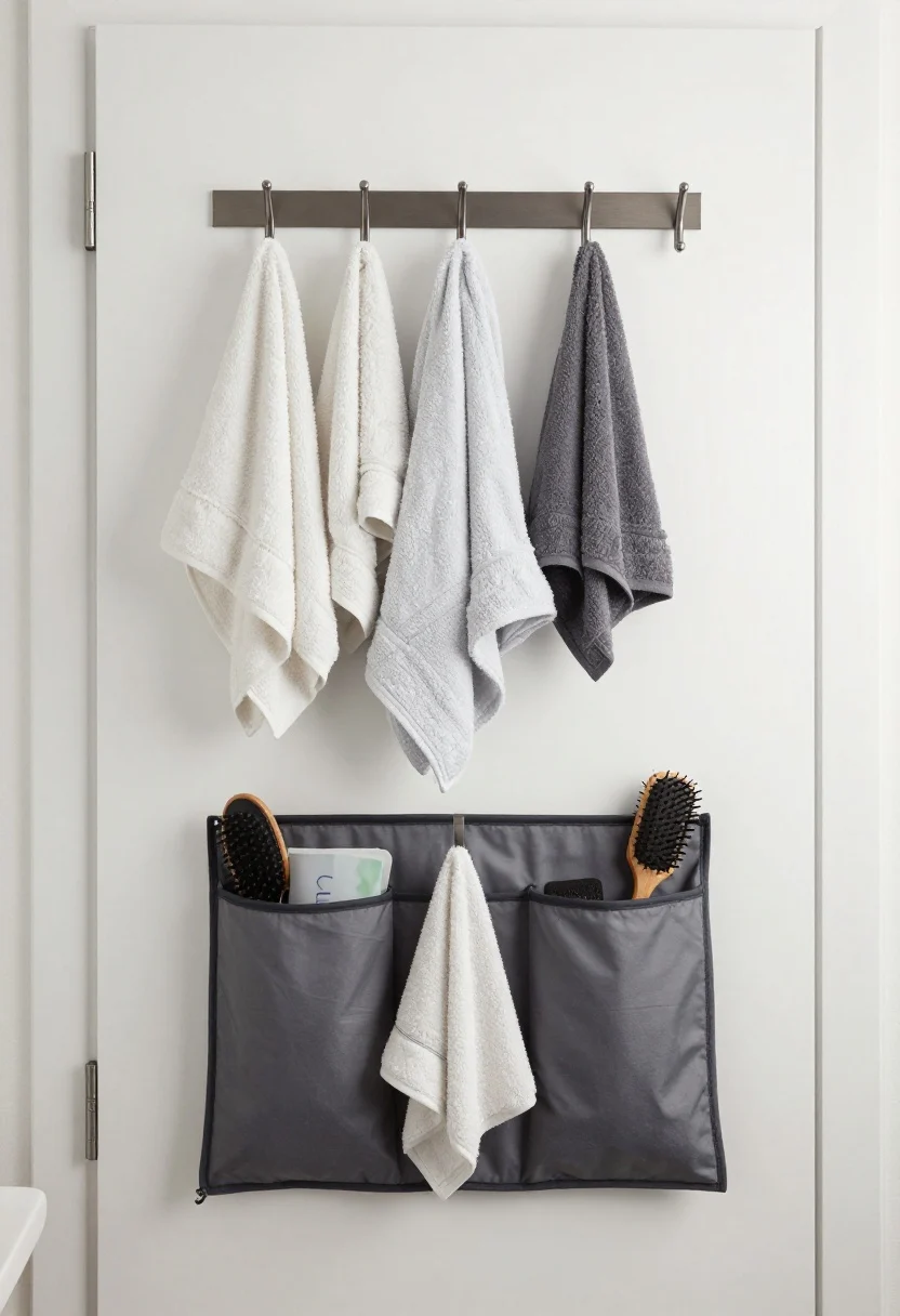 Straight-on medium shot of the back of a bathroom door put to work. An over-the-door rack with felt-padded hooks protects the painted white door and fits the clearance. Hooks spaced 6–8 inches apart hold: top row—two plush Turkish cotton towels and a robe; lower pegs—breathable bag with hair tools and a kid’s towel. A slim, washable fabric pocket organizer stores flat items like a hairbrush and sheet masks. No paper goods visible. Metal finish is brushed nickel or matte black to hide fingerprints. Mood: orderly, functional, not locker-room-like.