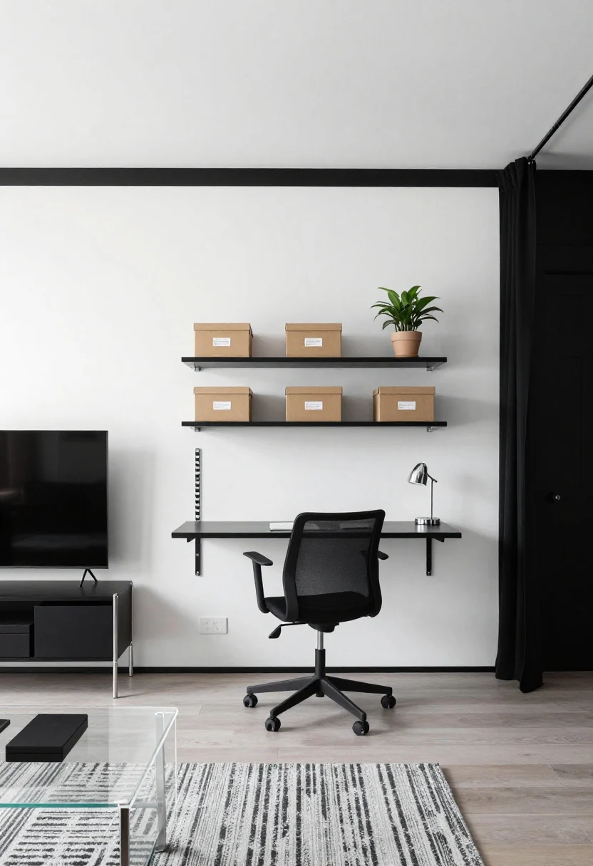 Straight-on micro-office living wall, monochrome: soft white walls with a crisp black stripe running around the room at picture-rail height; wall-mounted drop-leaf table as a desk with a slim task chair on casters; trio of stacked shelves above holding labeled document boxes and a single plant; adhesive cable raceways neatly taming cords; clear acrylic coffee table maintaining sightlines in the living zone; TV mounted with a single low bench beneath holding two matching black boxes for gadgets; curtain on a ceiling track partially drawn to suggest bedroom concealment; graphic black-and-white rug and chrome floor lamp; bright, professional light, photorealistic.