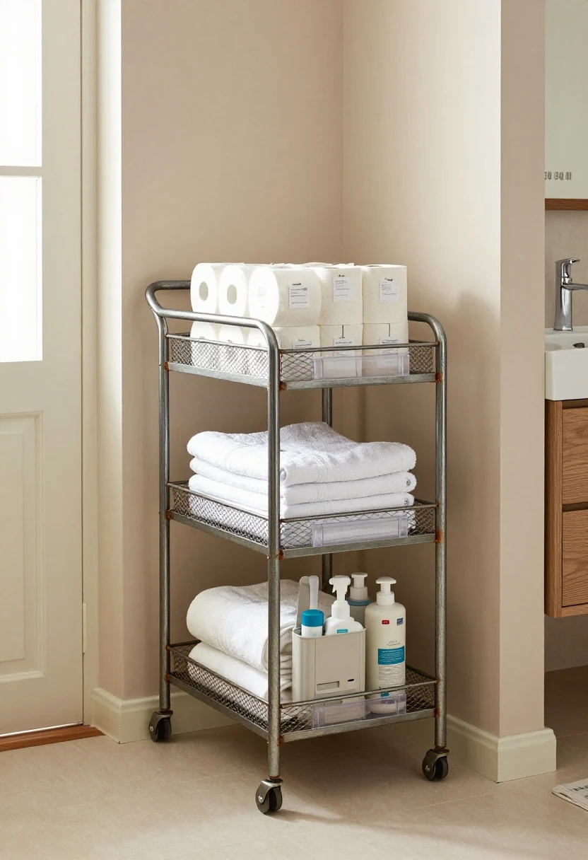 Three-quarter angle medium shot of a narrow rolling cart (8–12 inches wide) tucked beside a vanity in a windowless bath. Powder-coated metal cart with rust resistance, locking casters, and a subtle top rail. Metal mesh shelves lined with removable clear plastic mats. Categorized levels: top—neatly stacked toilet paper and tissues with clip-on labels; middle—folded towels; bottom—a portable cleaning caddy with supplies. The cart fits through doorways with at least 1 inch clearance each side; height under mirror sightline (30–34 inches). Palette cohesive with bathroom colors for visual cohesion.