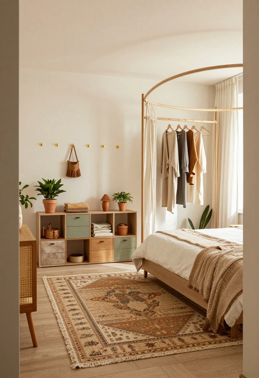 Warm modern boho bedroom, wide angle from the doorway: layered rugs with jute base and patterned kilim on top; along one wall, modular cube units in two heights alternating open cubbies and fabric drawers, styled with tassel baskets and brass hooks nearby. At the bed, a canopy-style tension frame forming a sculptural arch, from which a wooden dowel clothing rail hangs on macramé cords displaying a few favorite garments. Plants in terracotta, a cane-front credenza for folded knits, rattan and mango wood accents, cotton gauze curtains. Palette of burnt sienna, camel, sage, creamy white. Golden-hour natural light for cozy depth, photorealistic.