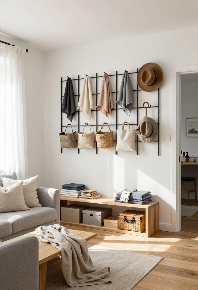 Wide, airy Scandinavian studio living room shot, straight-on view: pale oak floors, crisp white walls, greige sofa beneath sheer billowy curtains filtering skylight-like natural light. A renter-friendly black metal wall grid leaning behind the sofa and extending toward the entry, styled with clip-on baskets holding scarves, hats, and mail; S-hooks with canvas totes and an umbrella. Below, a low natural-oak slatted bench concealing shoe boxes and a folded throw. Add a narrow ladder shelf with neatly folded tees and a lidded woven trunk as a coffee table. Palette of white, oatmeal, soft charcoal, pale wood; nubby wool pillows, flax linen throw, soft shadows, photorealistic.