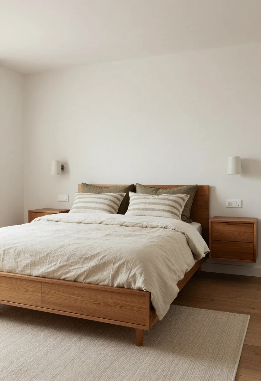 Wide bedroom shot, straight-on, showcasing a platform bed with full-length, 12–14 inch high full-extension drawers on one side, oak or walnut frame, warm white walls; ecru linen duvet with two subtly striped pillows and a single muted green or terracotta lumbar; wall-mounted nightstands with drawers (18–20 inches wide) floating to keep floor clear for drawer glide; plug-in sconces with painted cord covers to match wall; a 6x9 rug under a queen bed placed perpendicular, stopping 12 inches before nightstands for clearance; soft, cozy low-light texture emphasis on linen and wood grain; minimal clutter, photorealistic.